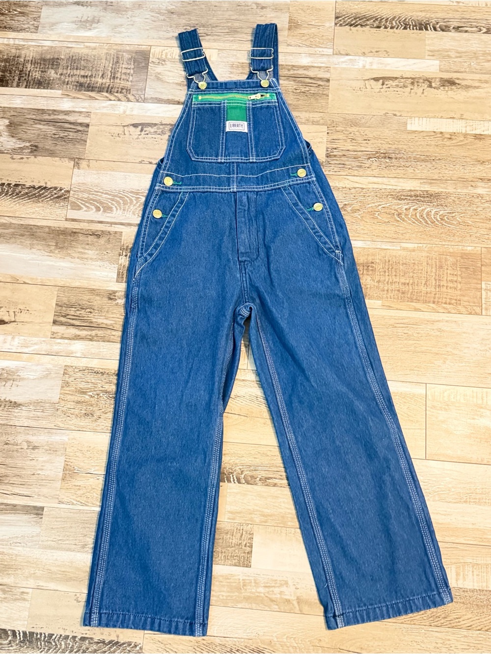 Liberty Blue Denim Kids Overalls with Green Trim